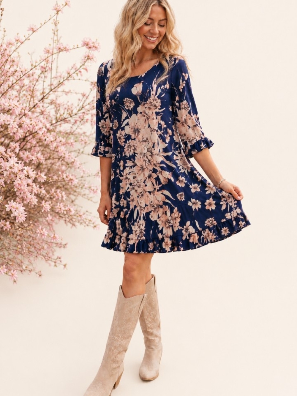 Soft floral boho Swing Dress in Navy and Blush Pink